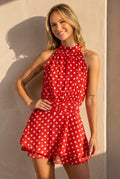 Rode Polkadot Playsuit met Halterhals en Volant