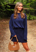 Donkerblauwe Gebreide 2-Piece Set met Trui en Rok
