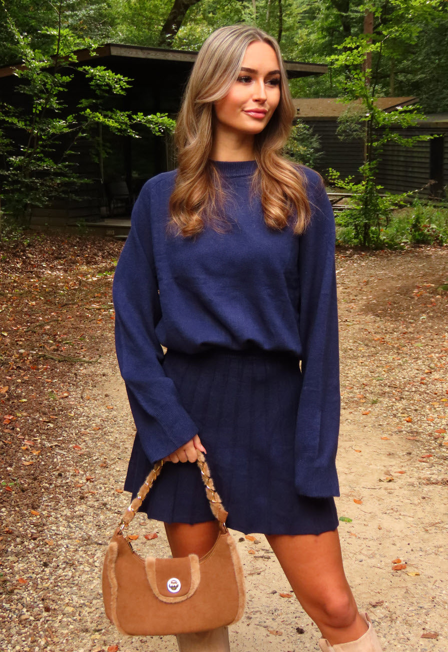 Donkerblauwe Gebreide 2-Piece Set met Trui en Rok