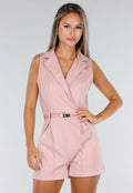 Roze Mouwloze Playsuit met Revers, Riem, Rits en Stretch