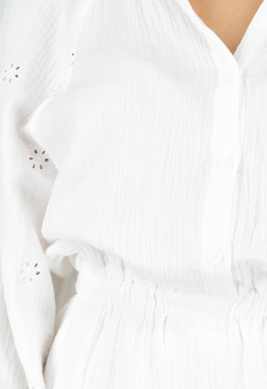 Witte Mousseline Playsuit met Broderie Details en Volants