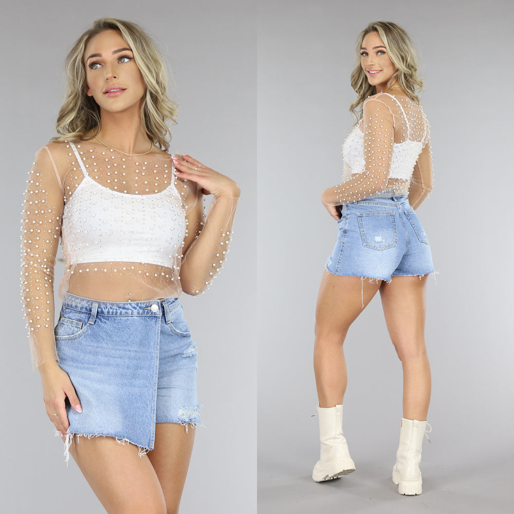 Beige Longsleeve Mesh Parel Top