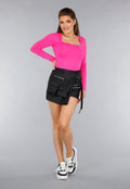 Fuchsia Longsleeve Stretch Shirt met Vierkante Hals