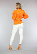 Oranje Blouse met Pofmouwen en Strikdetail