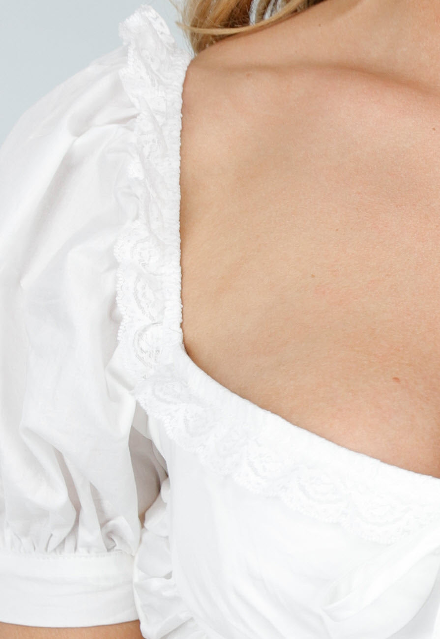 Witte Midi Jurk met Pofmouwen, Vetersluiting en Strikkoord