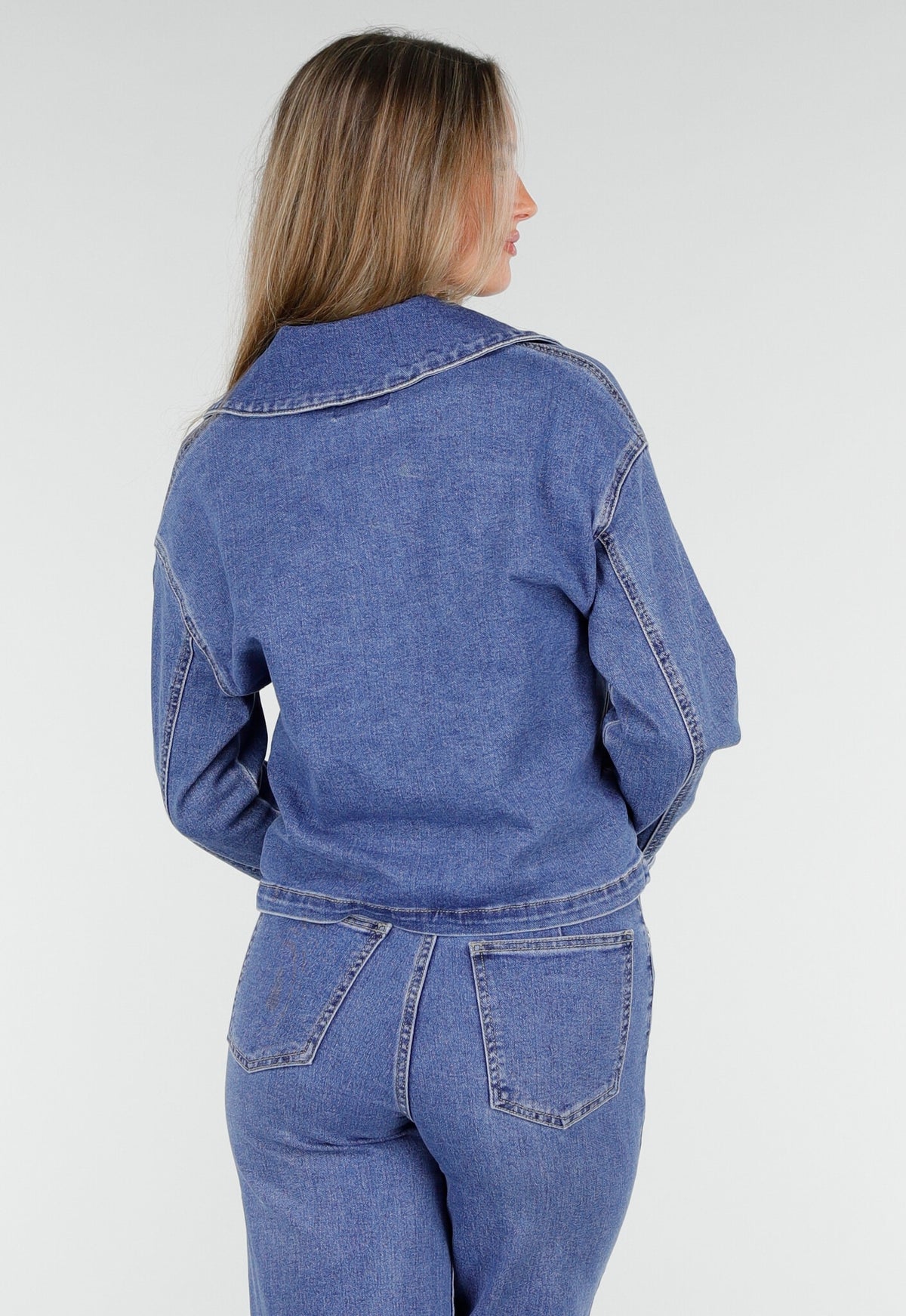 Redial Jeans  Denim Top met Halve Rits en Opstaande Kraag in Blauw