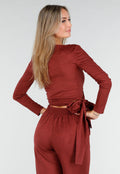 Rode Suède Look Wikkel Top met Lange Mouwen en Stretch