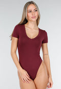 Bordeauxrode Bodysuit met Korte Mouwen en Diepe V-Hals in Stretchstof