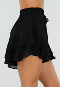 Zwarte Ruffle Skort met Elastische Taille en Strikkoord