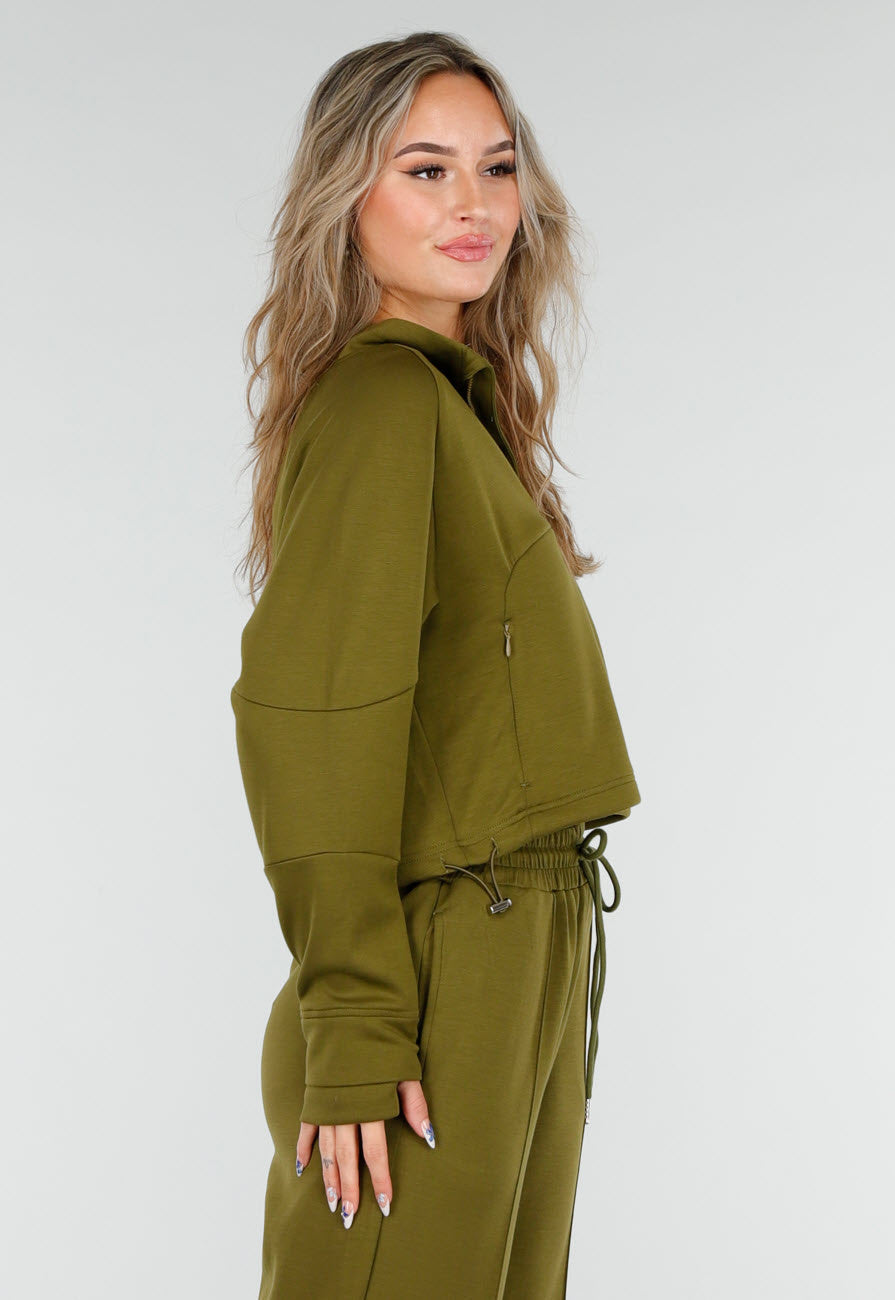 Olijfgroene Cropped Lounge Trui met Halve Rits en Hoge Kraag