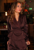 Donkerbruine Satijnlook Wrap Blazer met Striksluiting