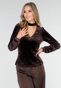 Bruine Velours Top met Cut-Out Halslijn en Lange Mouwen