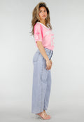 Roze Mesh Jersey Top met V-hals en Korte Mouwen en Print
