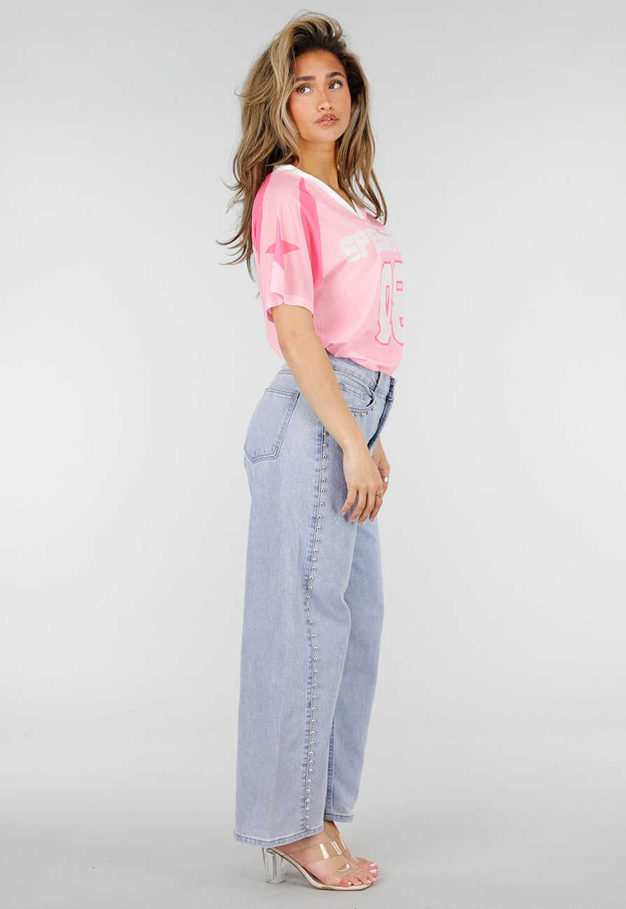 Roze Mesh Jersey Top met V-hals en Korte Mouwen en Print