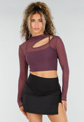 Paarse Mesh Crop Top met Lange Mouwen en Cut Out