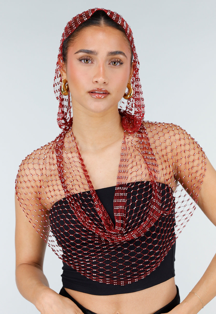 Rode Fishnet Top met Capuchon en Strass Steentjes