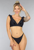 Zwarte Ruffle Bikini Top met Strikdetail