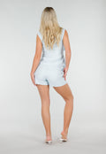 Lichtblauwe Linnenlook Short met Plooien en Rechte Pijpen