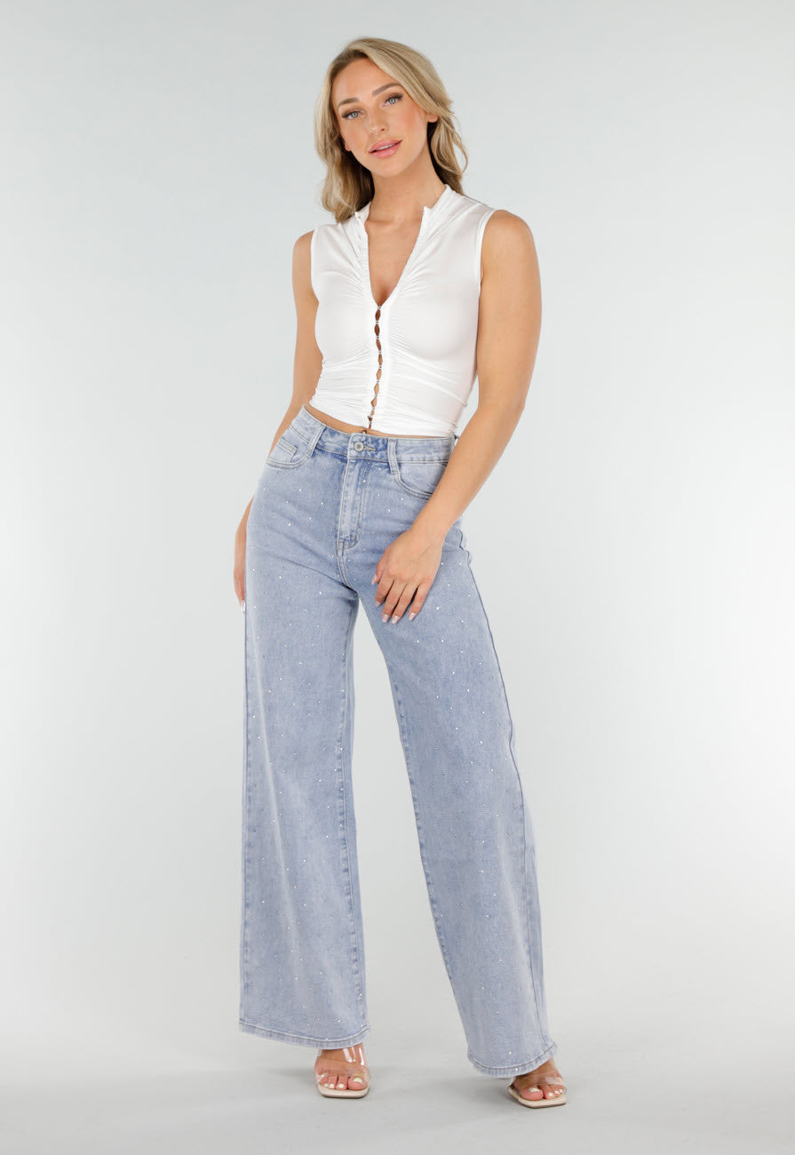 Witte Mouwloze Crop Top met Haaksluiting en Stretch