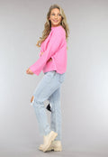 Roze Rib Gebreide Trui met Hoge Hals