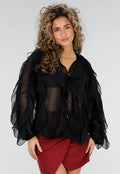 Zwarte Chiffon Blouse met Ruffle Details en Lange Mouwen