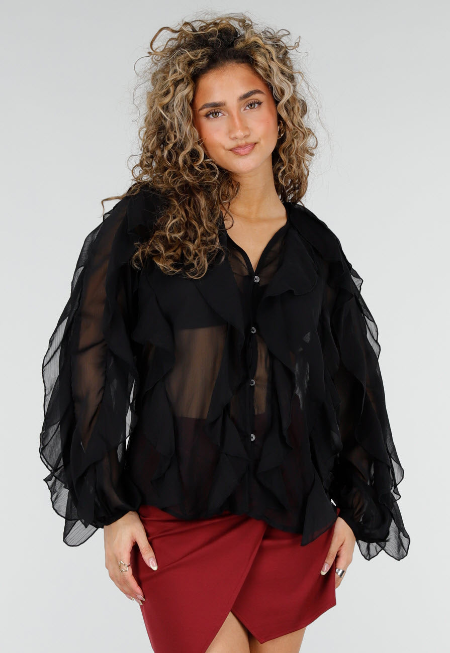 Zwarte Chiffon Blouse met Ruffle Details en Lange Mouwen