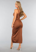 Padded Bruine Glanzende Jurk met Split