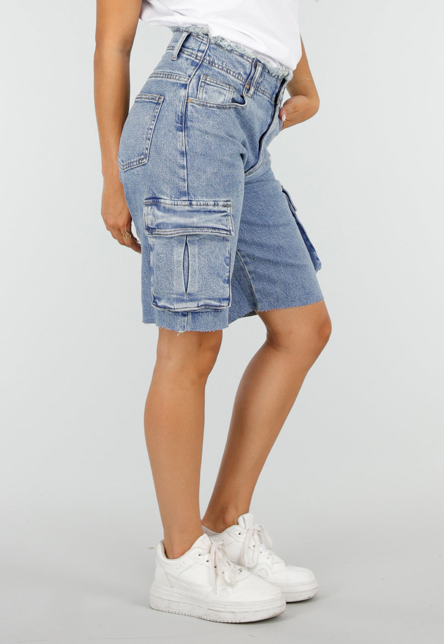 Blauwe Denim Cargo Bermuda Short met Ruwe Zoom