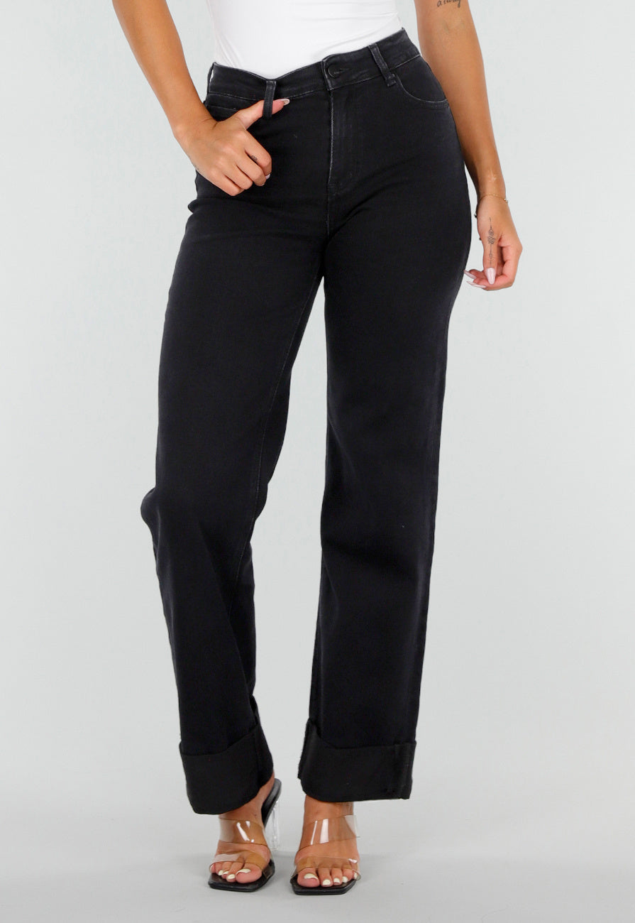 Zwarte Denim Straight Leg Jeans met Brede Omslag