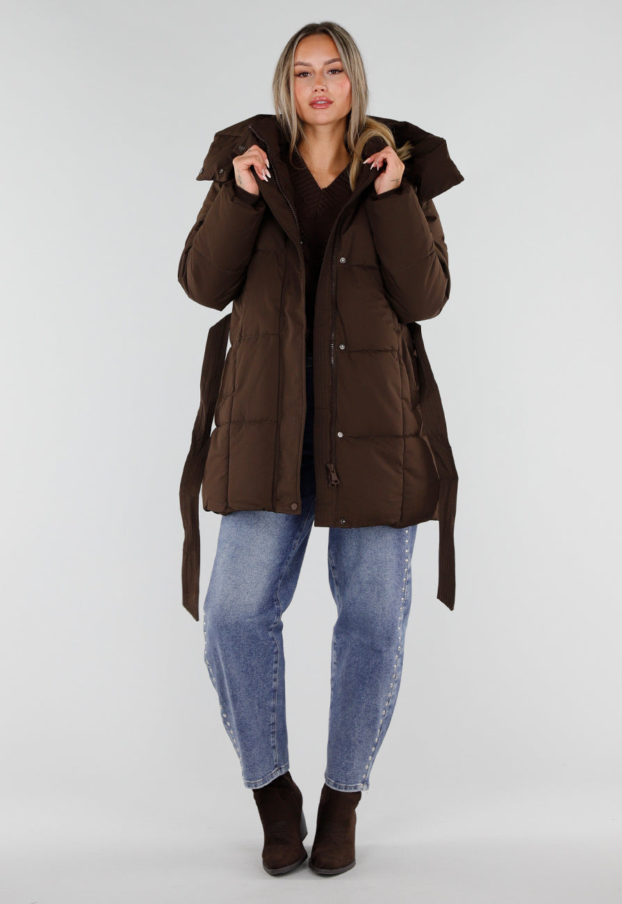 Bruine Lange Gewatteerde Parka Winterjas met Afneembare Capuchon