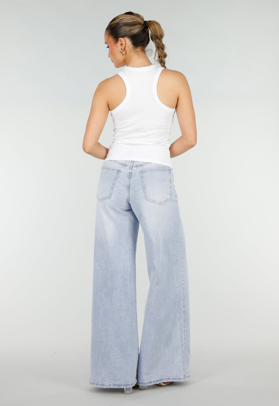 Witte Rib Tanktop met Roze Tekst en Ronde Hals