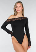 Zwarte One Shoulder Body met Lange Mouw en Kantdetails