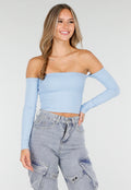 Blauwe Off Shoulder Top met Lange Mouwen en Stretchstof