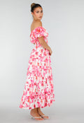 Roze Bloemen Maxi Jurk met Pofmouwen en Gesmokte Taille