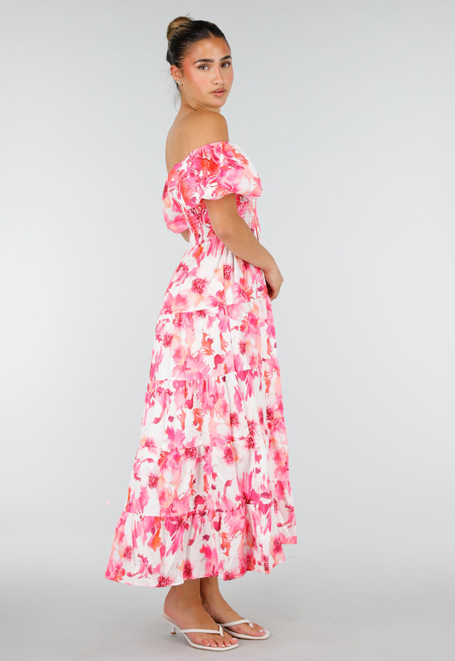 Roze Bloemen Maxi Jurk met Pofmouwen en Gesmokte Taille