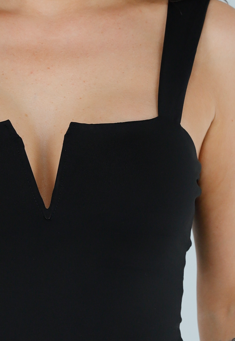 Zwarte Bodysuit met Brede Bandjes en V-Halsdetail