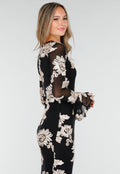 Zwarte Lange Jurk met Stretch en Beige Bloemenprint