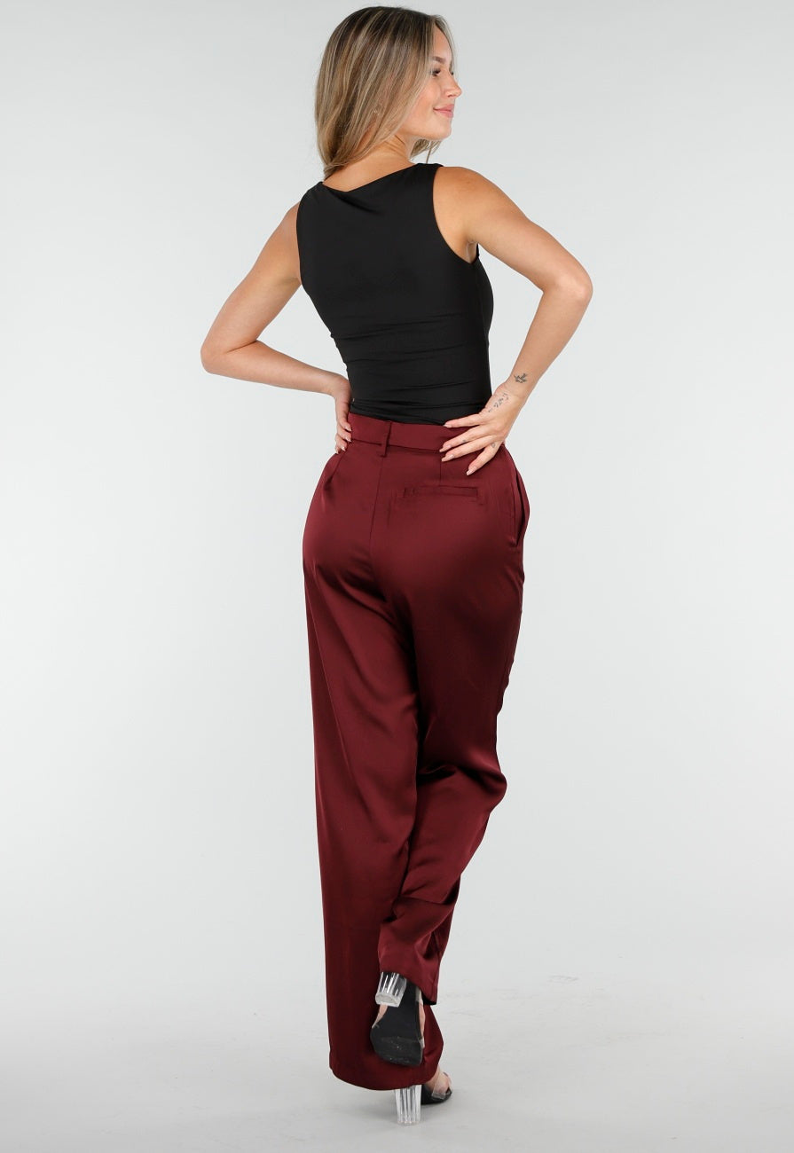 Bordeauxrode Satijnlook Wide Leg Broek met Hoge Taille