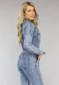 Acid Washed Denim Jumpsuit met Lange Mouwen en Tailleband