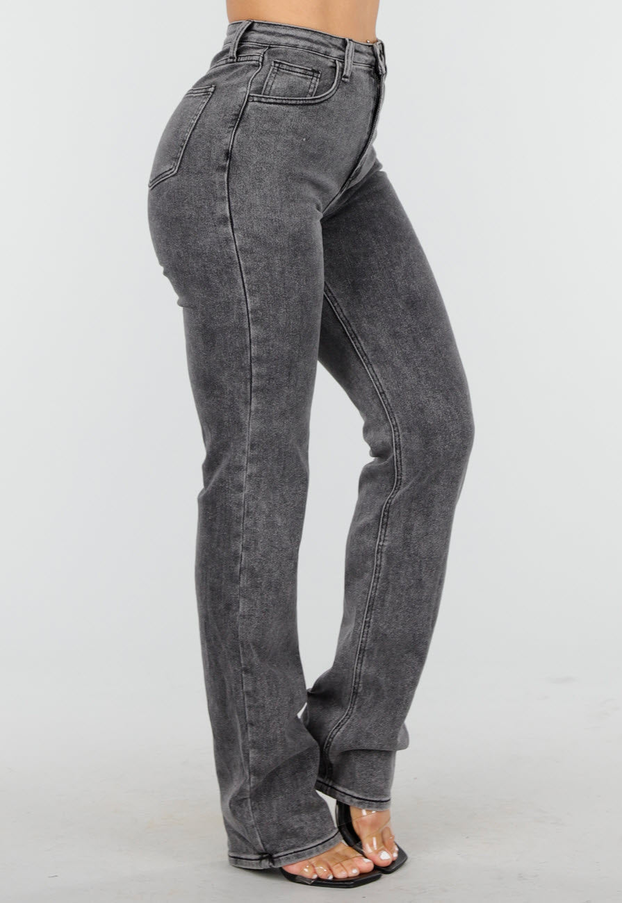 Grijze High Waist Straight Leg Stretch Jeans met Subtiele Wassing