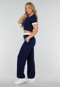 Navy Two Piece Set met Lange Broek en Korte Top met Colorblockingdetails