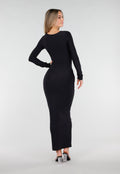 Zwarte Super Stretch Maxi Jurk met Lange Mouwen en Push Up Pads