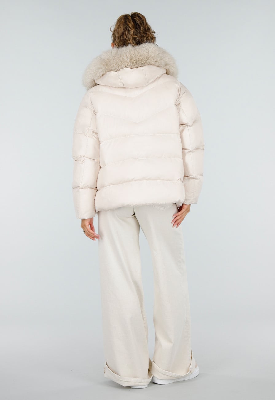 Beige Korte Puffer Winterjas met Afneembare Bontkraag