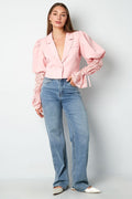Lichtroze Korte Blazer met Kanten Mouwen en Pofmouwen