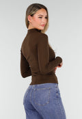 Bruine Zachte Stretch Top met Lange Mouwen en Col