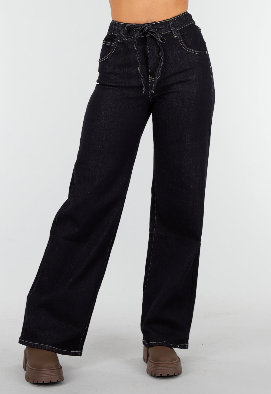 Redial Jeans  Donkerblauwe Wide Leg Jeans met Elastische Taille en Strikkoord