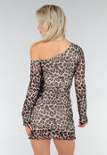 Korte One Shoulder Mesh Stretch Jurk met Panterprint