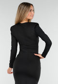 Zwarte Midi Jurk met Lange Mouwen en Goudkleurige Ringdetail