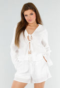 Witte Linnenlook 2-Piece Met Striksluiting En Lange Mouwen