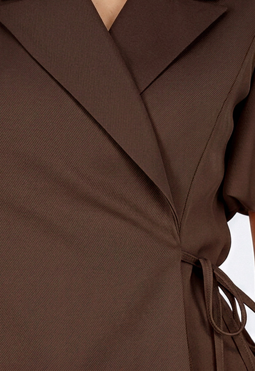 Bruine Blazer met Reverskraag en Korte Pofmouwen
